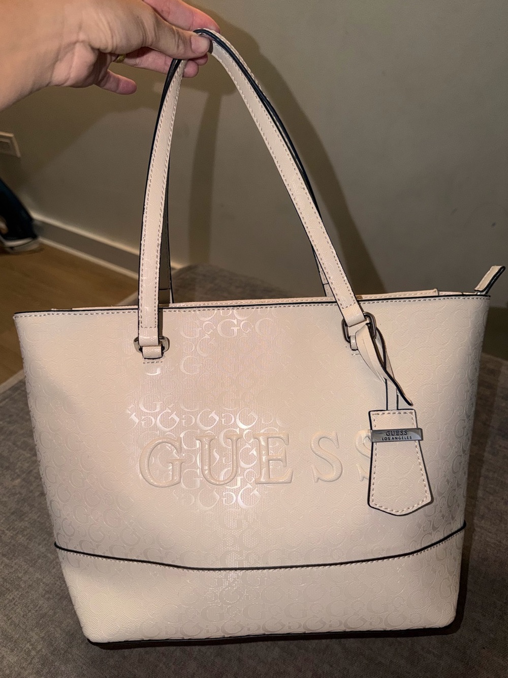 GUESS Cream Tote with Embossed Logo and Top Handles